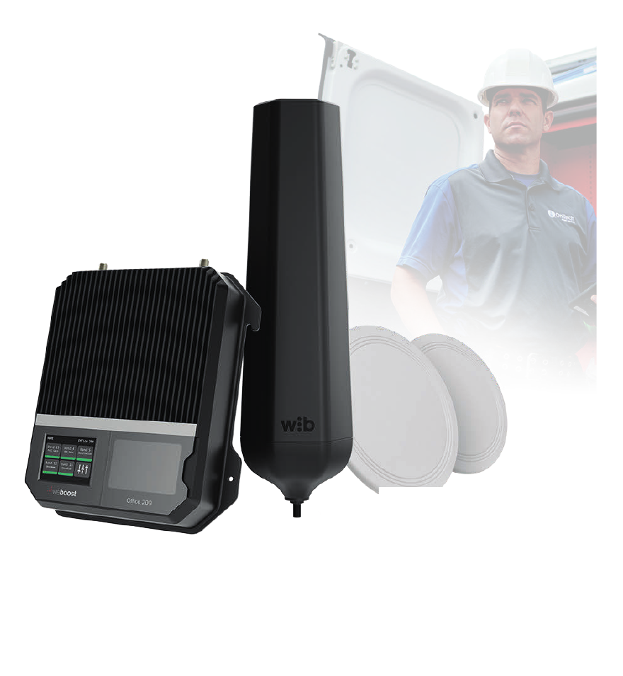 weBoost Office 300 Installed cellular signal booster, donor antenna, and interior antennas
