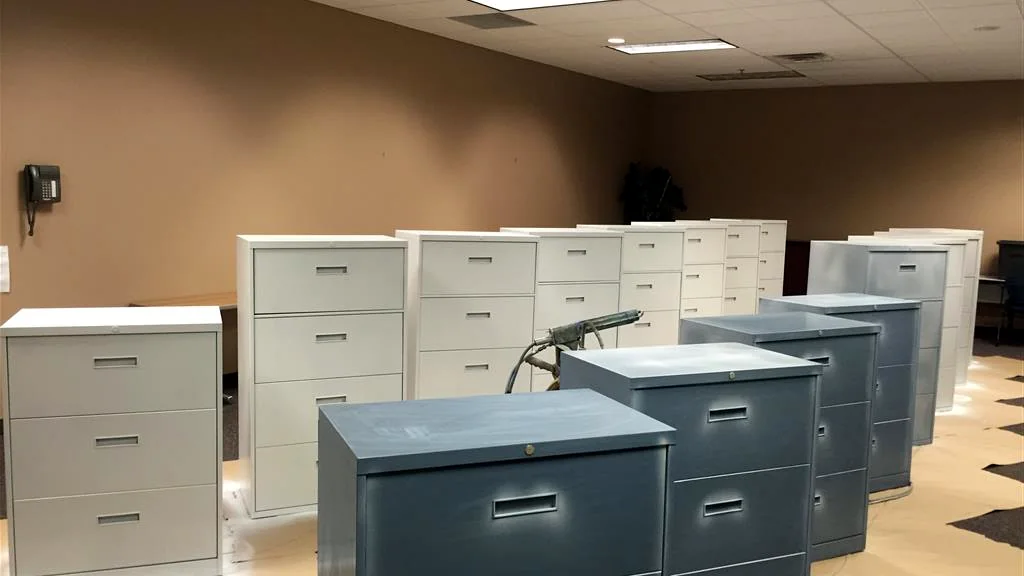 Filing cabinets prepared for recovery and refinishing