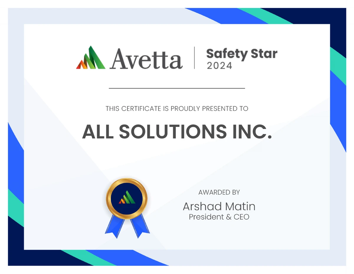 Avetta Safety Star 2024 certificate presented to All Solutions Inc.