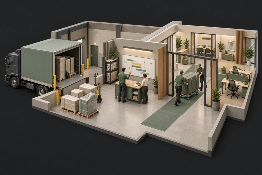 Illustration connecting receiving, delivery scheduling, and workplace installation