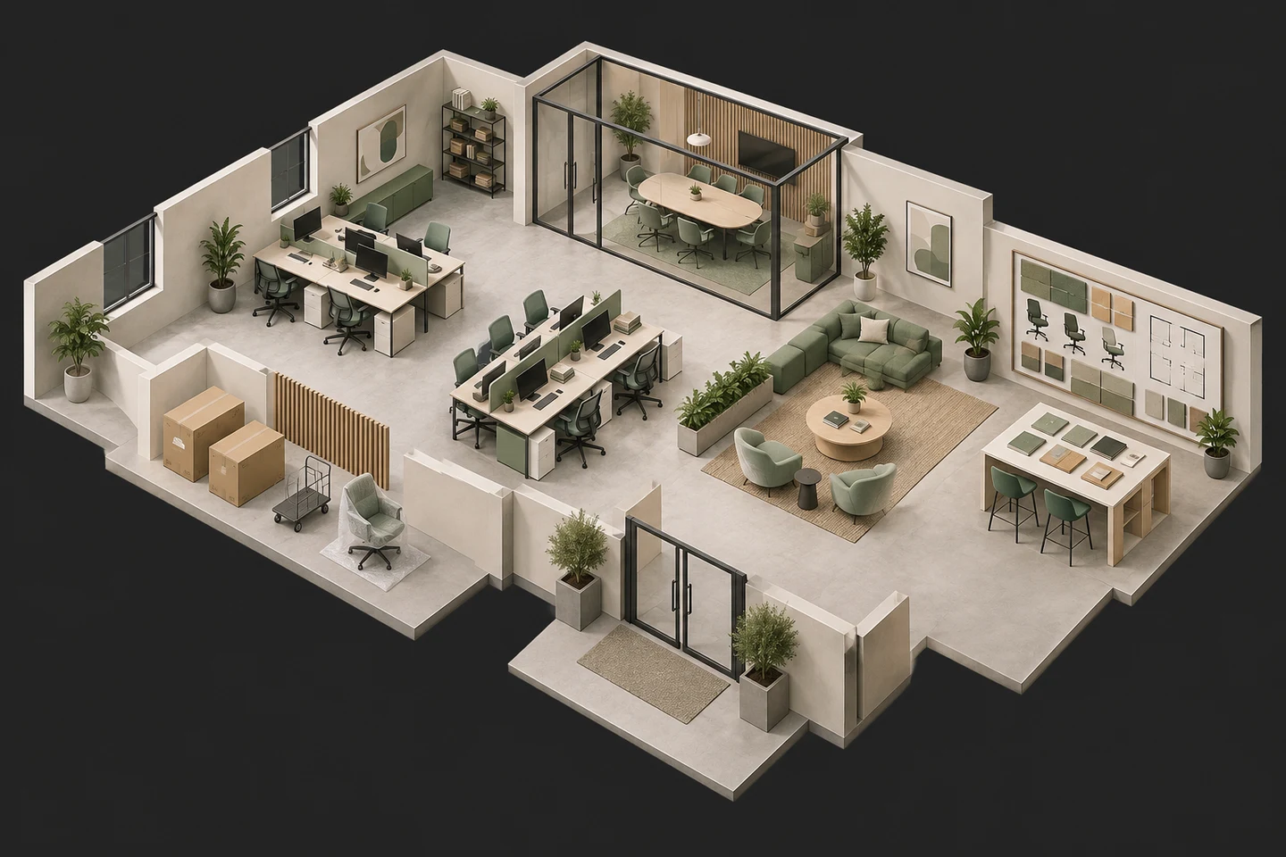 A coordinated workplace with furniture selections, space planning, receiving, installation, and a connected meeting room