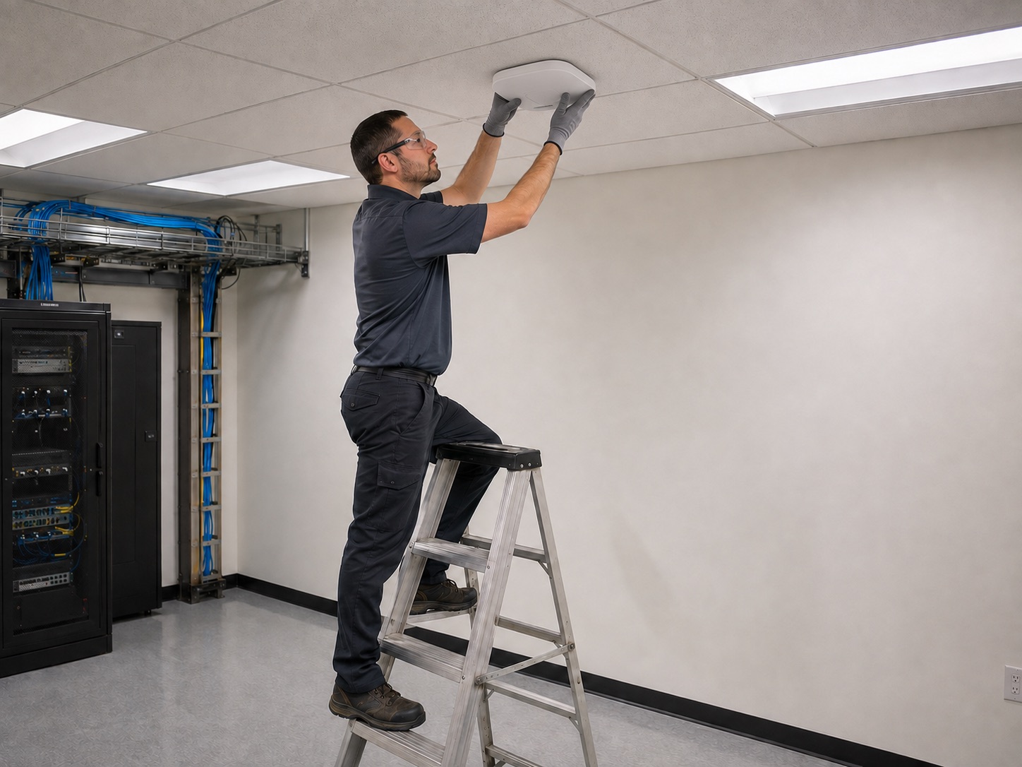 Technician installing a new ceiling access point