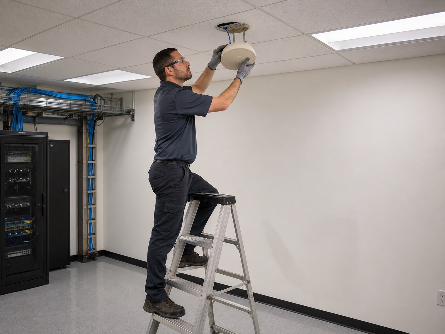 Technician removing an existing ceiling access point