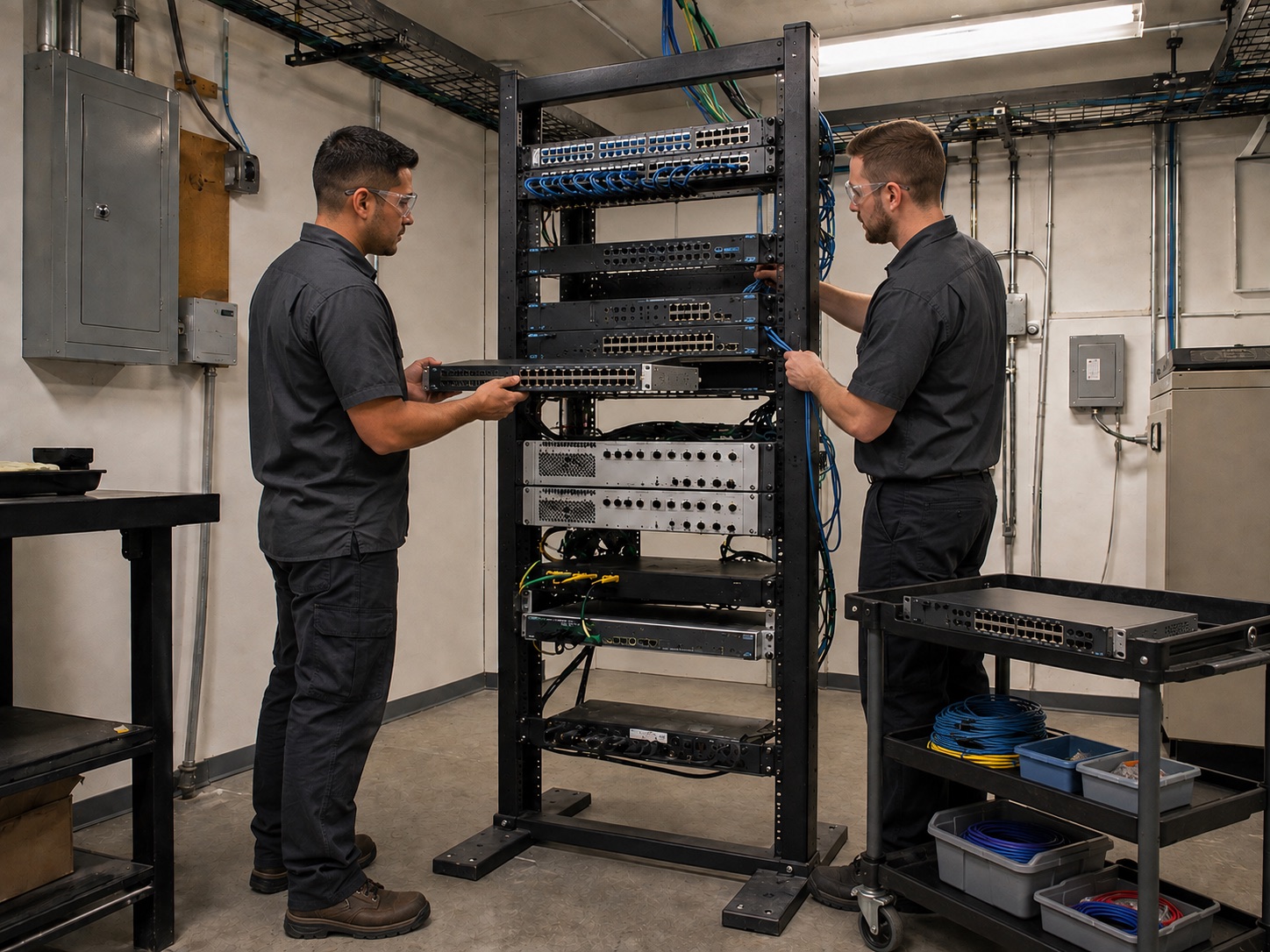 Technicians replacing network equipment for Brown and Caldwell
