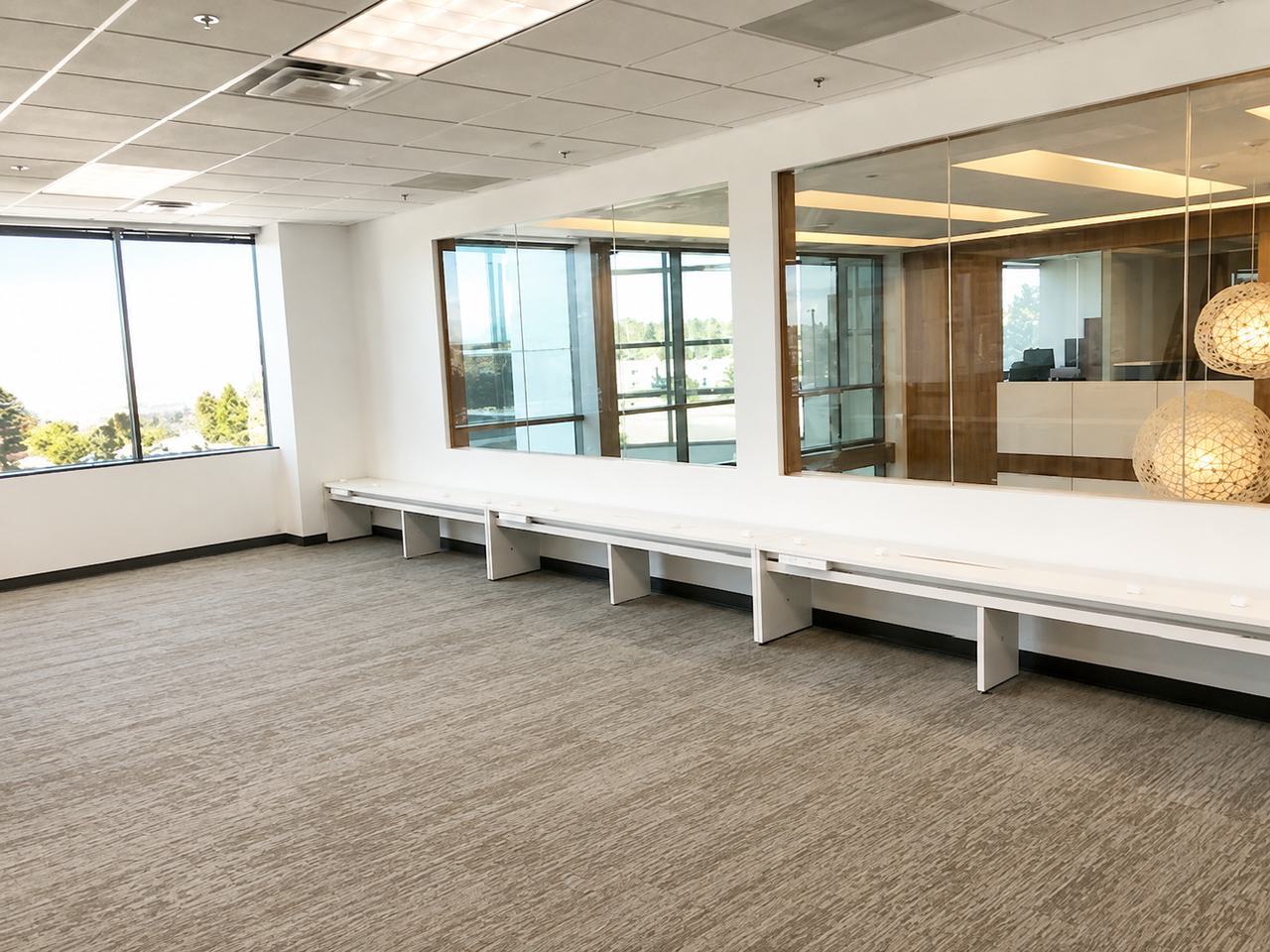 Completed Stantec Broomfield workplace with glazing and built-in work surfaces