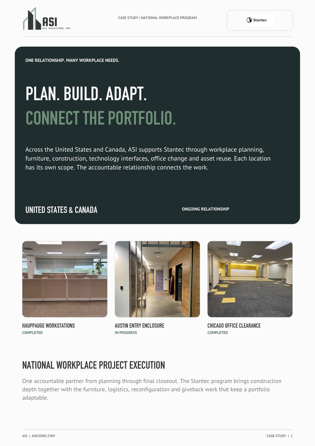 Stantec national workplace program case study cover with Hauppauge, Austin and Chicago project views