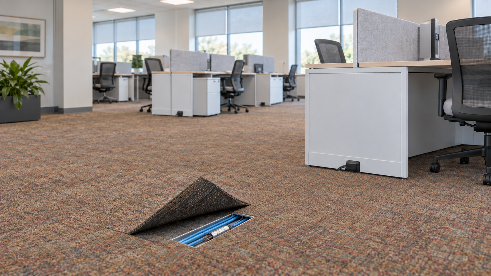 Low-profile under-carpet power and data pathway routed to modular workstations